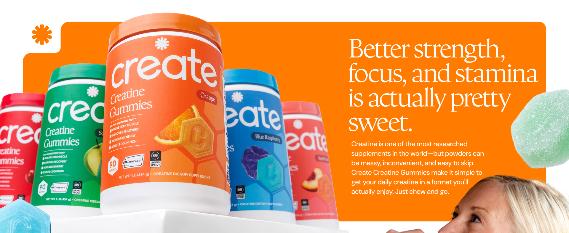 Create Creatine Monohydrate Gummies for Women and Men, Orange, 90ct