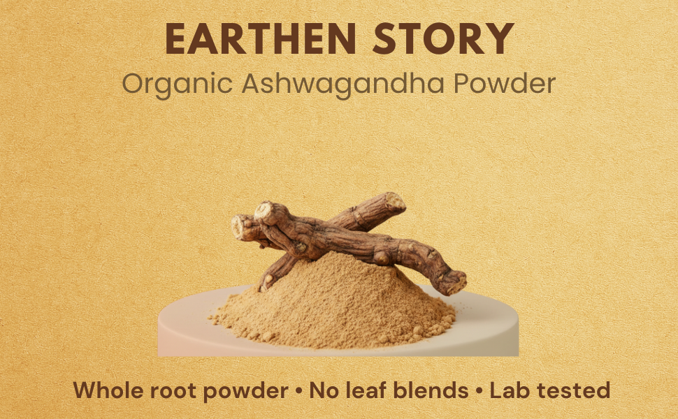 Earthen Story Certified Organic Ashwagandha Root Powder (200g) | Lab Tested for 190+ Pesticides | Indian Ginseng Root-Only Adaptogen for Stress, Sleep & Strength | Vegan, Non-GMO