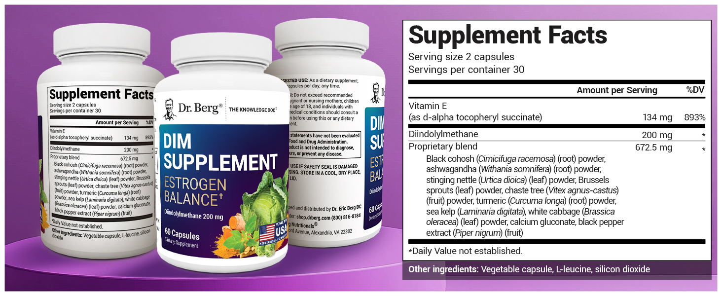 Dr. Berg DIM Supplement Estrogen Balance - Original Estrogen Supplement for Women with Diindolylmethane & Black Pepper for Enhanced Absorption & Menopause Support* - 60 Capsules