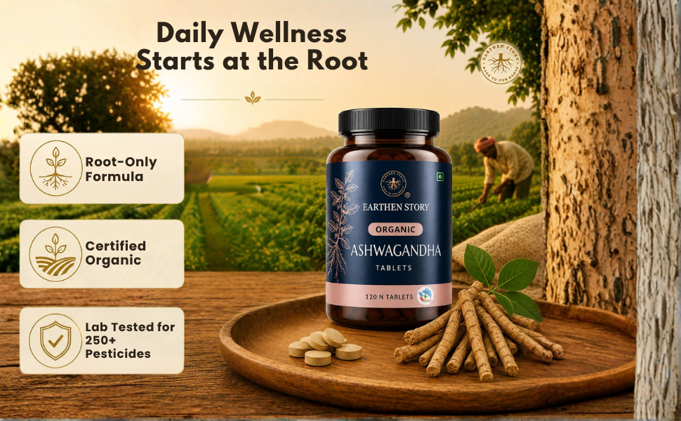 Earthen Story Certified Organic Ashwagandha Tablets (120 Tablets) | Lab Tested for 190+ Pesticides | Ayurvedic Root Adaptogen for Stress, Sleep & Strength | Vegan, Non-GMO