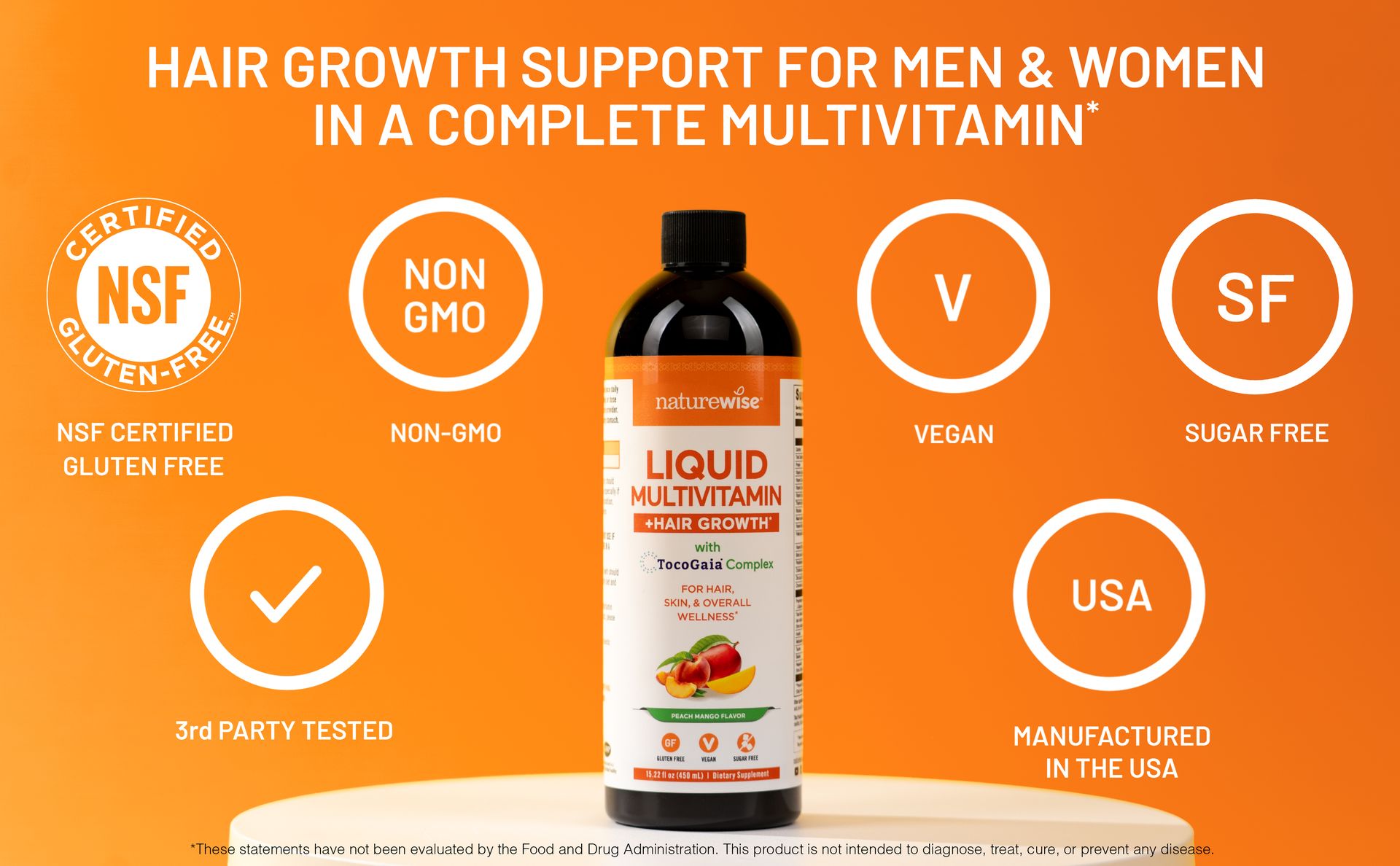 NatureWise Liquid Multivitamin Hair Growth for Women & Men + Tocogaia® for Hair Growth & Skin Elasticity Support + Biotin, Vitamin D, E, B - Sugar Free Multivitamin, Vegan - 30 fl oz[30 Servings]