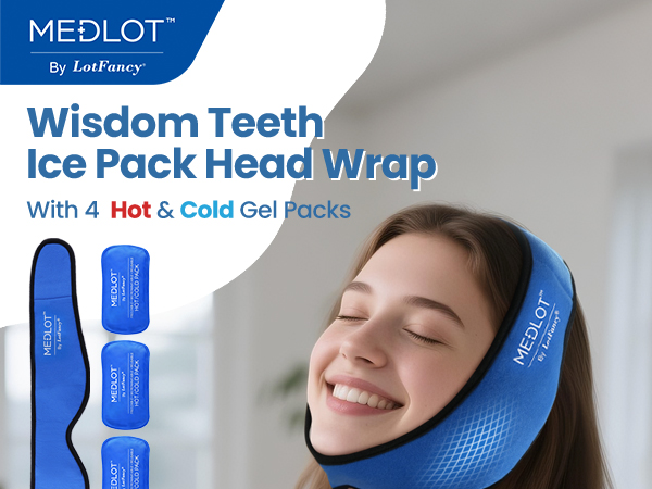 LotFancy Face Ice Pack Wrap for TMJ, Wisdom Teeth, with 4 Reusable Hot Cold Therapy Gel Packs, Pain Relief for Head, Oral and Facial Surgery, Dental Implants, Blue