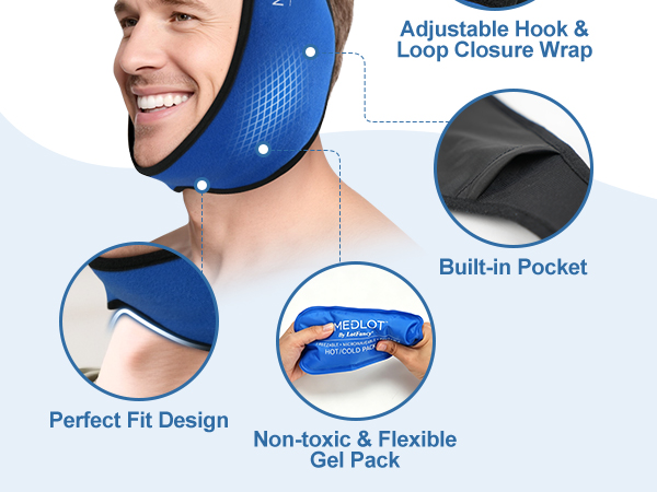 LotFancy Face Ice Pack Wrap for TMJ, Wisdom Teeth, with 4 Reusable Hot Cold Therapy Gel Packs, Pain Relief for Head, Oral and Facial Surgery, Dental Implants, Blue