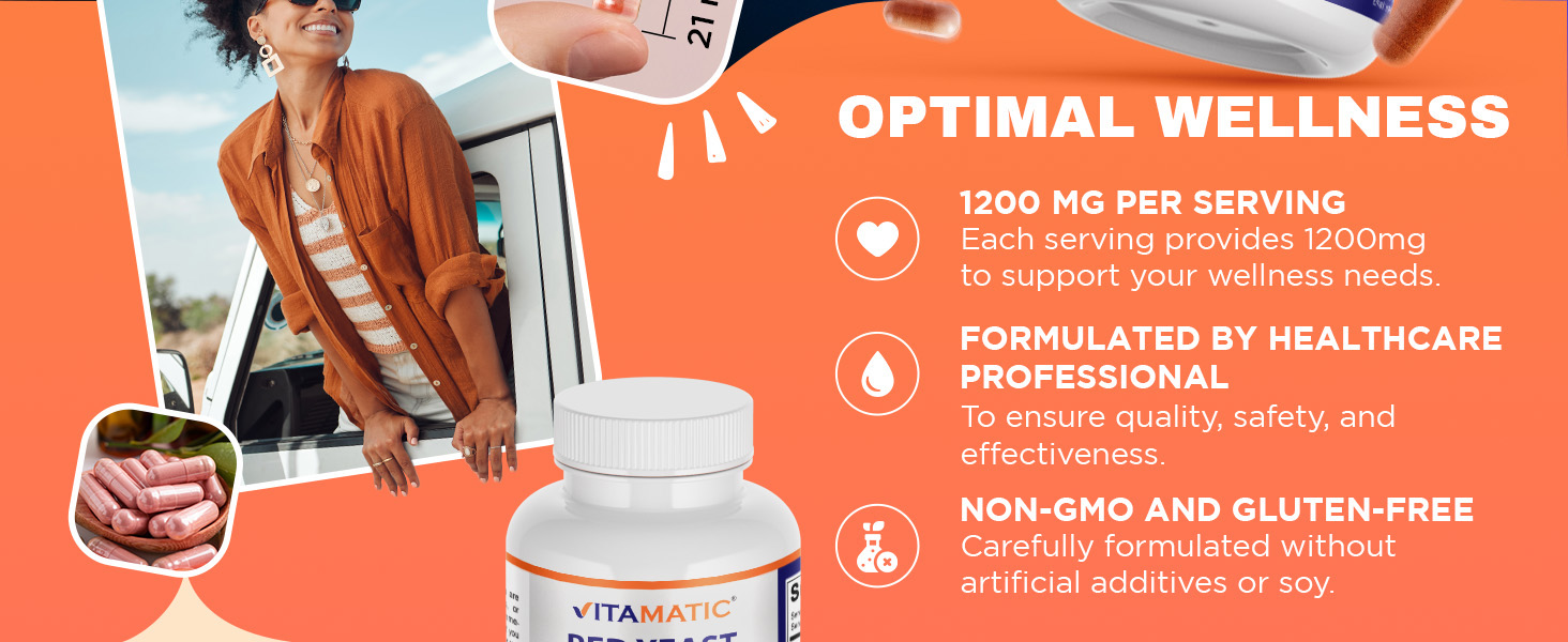Vitamatic Red Yeast Rice 1200 mg Per Serving - 240 Veg Capsules - Made in the USA - Non-GMO & Gluten Free