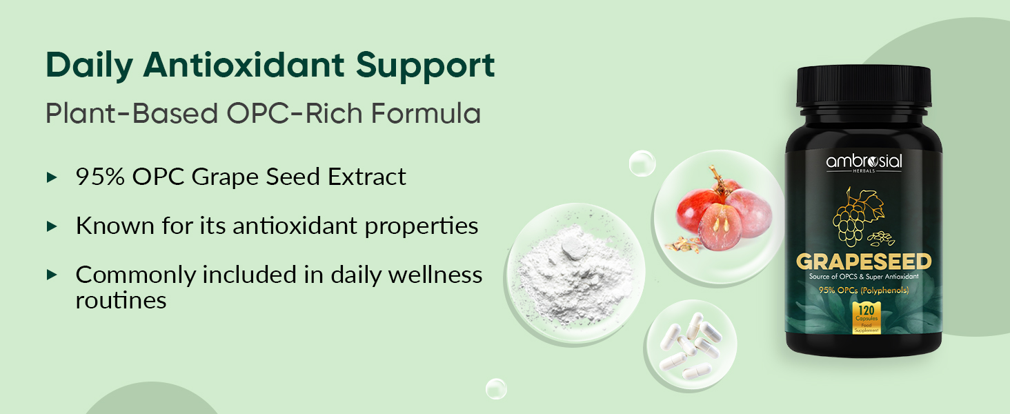 Ambrosial Grape Seed Extract Capsules | 95% OPCs Polyphenols | High Strength Grape Seed Supplement | Strong Antioxidant | Pack of 1-120 Vegan Capsules