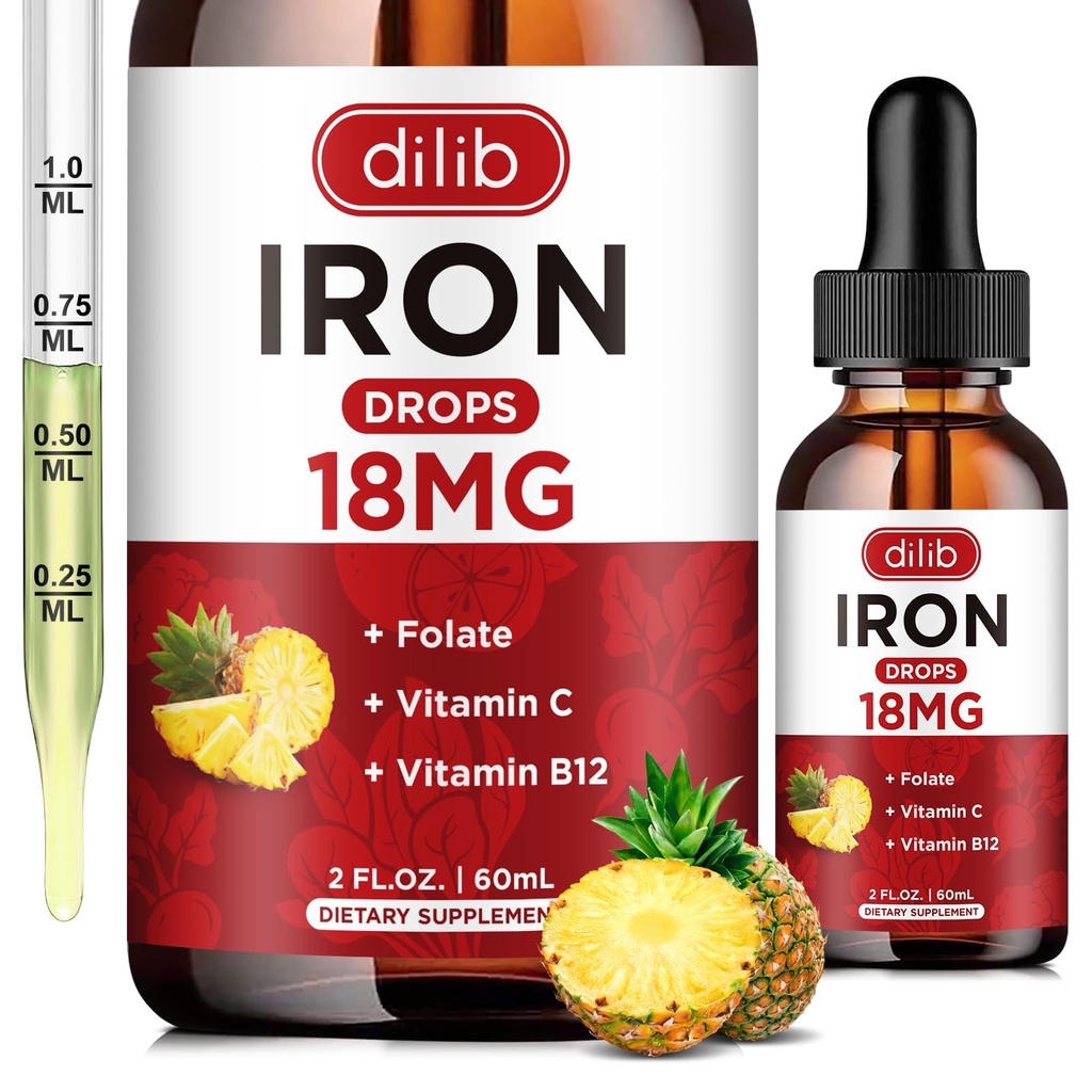 Liquid Iron Supplement for kvinner og menn jerndråper jerntilskudd for anemi med folat, vitamin C, B12 for rød blodcelle støtte-Pineapple flavor, 2 fl Oz