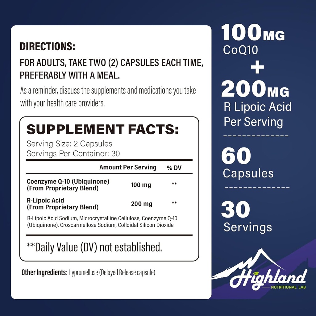 CoQ10 100mg + R-Lipoic Acid 200mg per servering, 1 måneds forsyning, opp til 5x forbedret absorpsjon, R-Lipoic Acid / CoQ10 Supplement for hjerte helse og kognitiv helse-60 kapsler