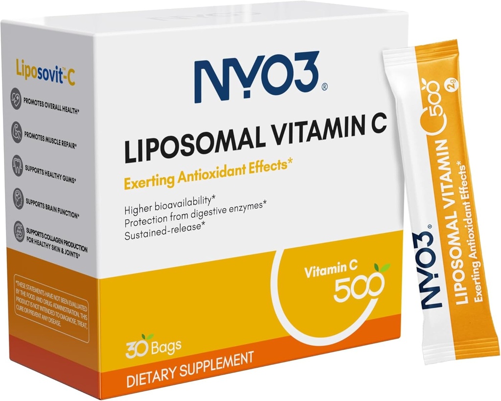 NYO3 Liposomal vitamin C pulver, støtter immunsystem & kollagen Booster, kraftige antioksidant, forbedre hud helse, glutenfri, høy absorpsjon vitamin C, 500 mg, 30 greve