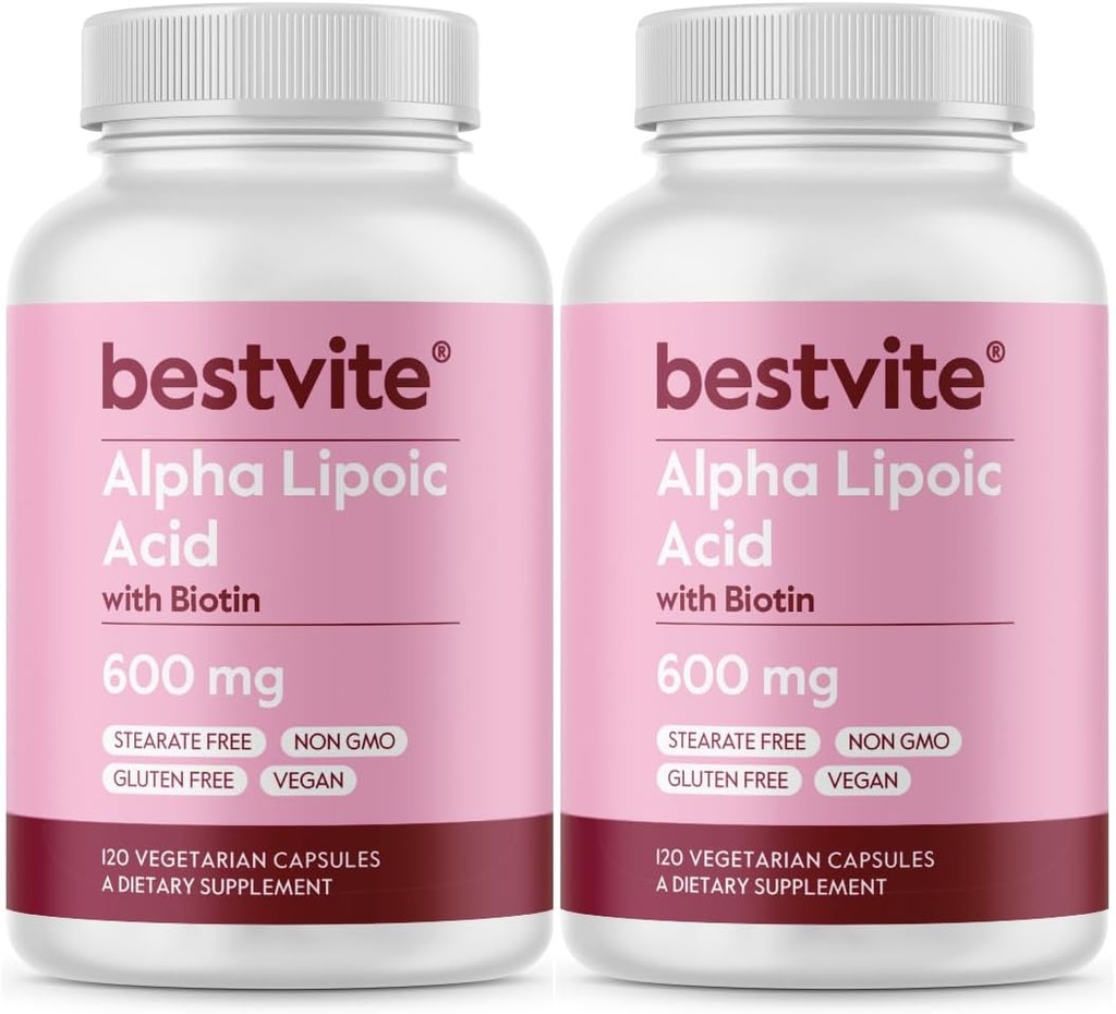 Alfa Lipoic Acid 600 mg (per kapsel) med Biotin å forbedre absorpsjon (240 vegetariske kapsler) (2 x 120) Ingen fyllstoffer - Ingen stearates - Ingen flytmidler