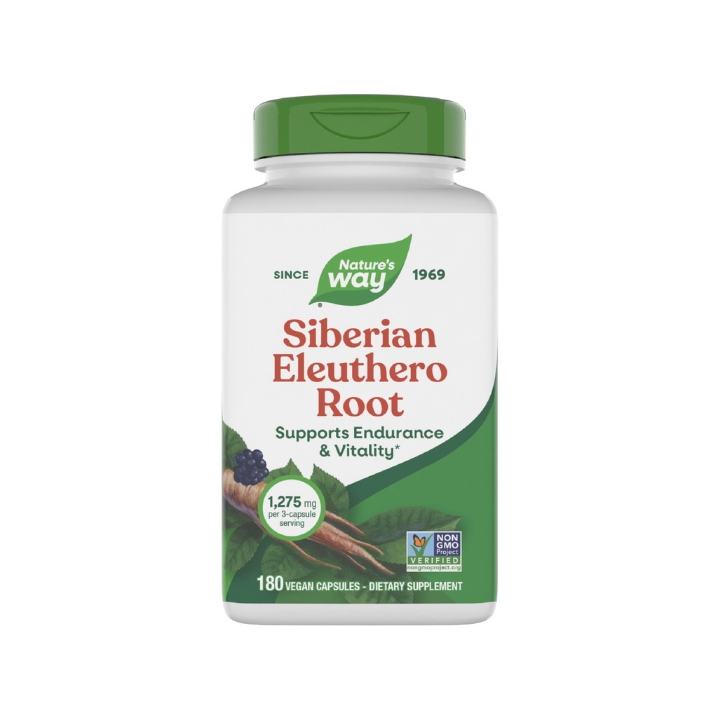 Naturens vei Premium Herbal Siberian Eleuthero Root Supplement, støtter utholdenhet og vitalitet*, Adaptogen*, 1,275mg per 3-kapsle servering, ikke-GMO-prosjekt verifisert, 180 kapsler (pakke May Vary)