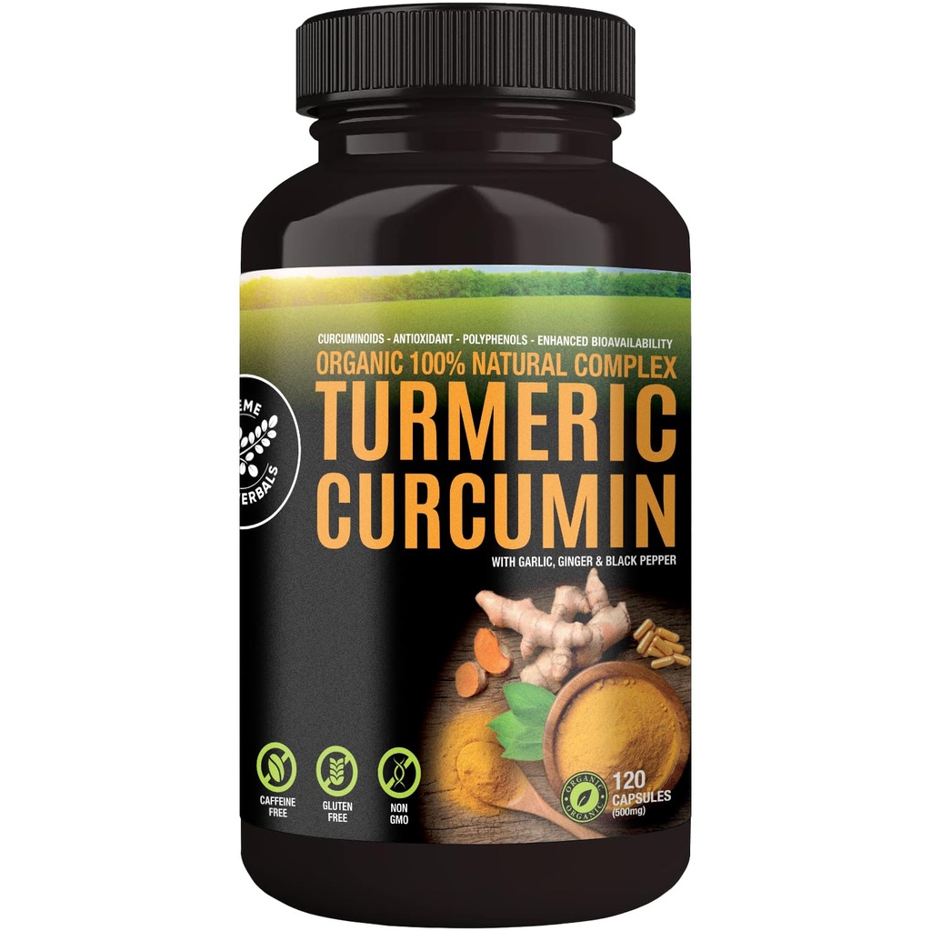 100% rå og organisk gurkemeie curcumin kapsler. Certifisert organisk, glutenfri, ikke-GMO og koffeinfri. Forbedret med hvitløk, ginger og svart pepper, 500 mg, 120 Vegankapsler
