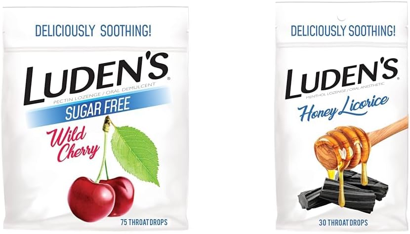 Ludens Wild Cherry Sugar Free Throat Drops, 75 Count & Honning Licorie Throat Drops, 30 greve