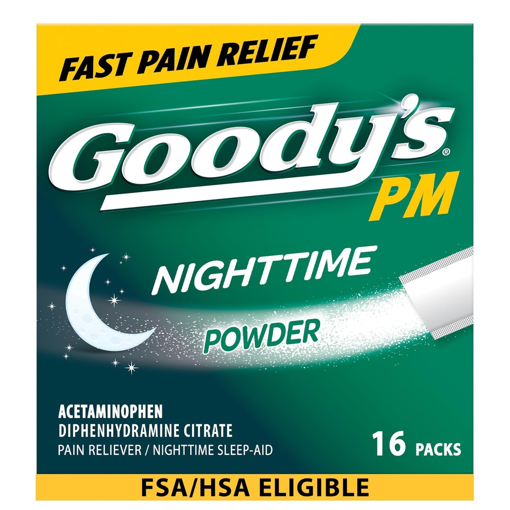 Goodys nattepulver, smertefri og søvnhjelp med acetaminophen & difenhydramincitrat, koffeinfri, 16 greve