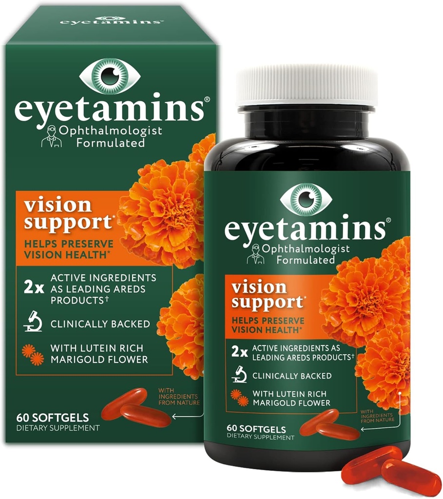 Eyetamins Vision Support - 60 Kapsler‚ Oftalmolog-formulert - 2X Lutein og Zeaxanthin av ledende merker - Plantebasert, naturlig - Vegan og ikke-GMO Formula (60 greve)