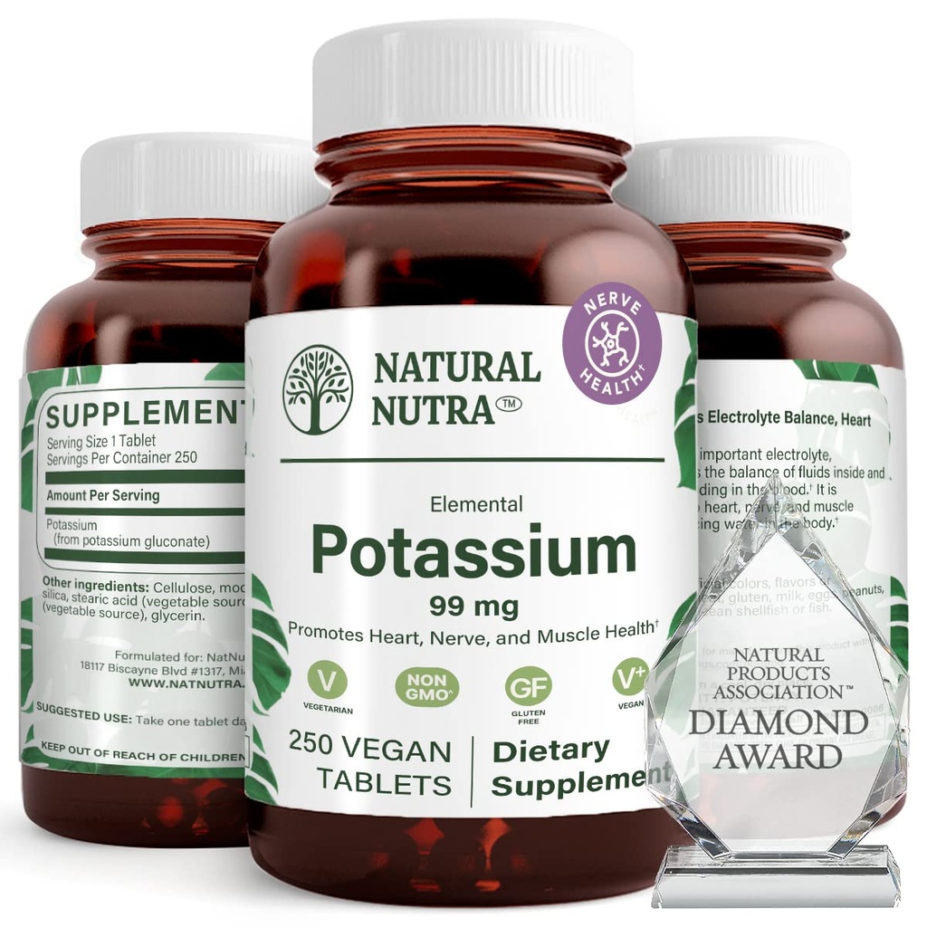 Naturlig Nutra Elemental Kalium Gluconate 99 mg Kosttilskudd - fremmer energi, bidrar til å øke nervesystemet, fremmer hjerte helse, Mineral Regulation, Muskelfunksjon - 250 Vegan tabletter