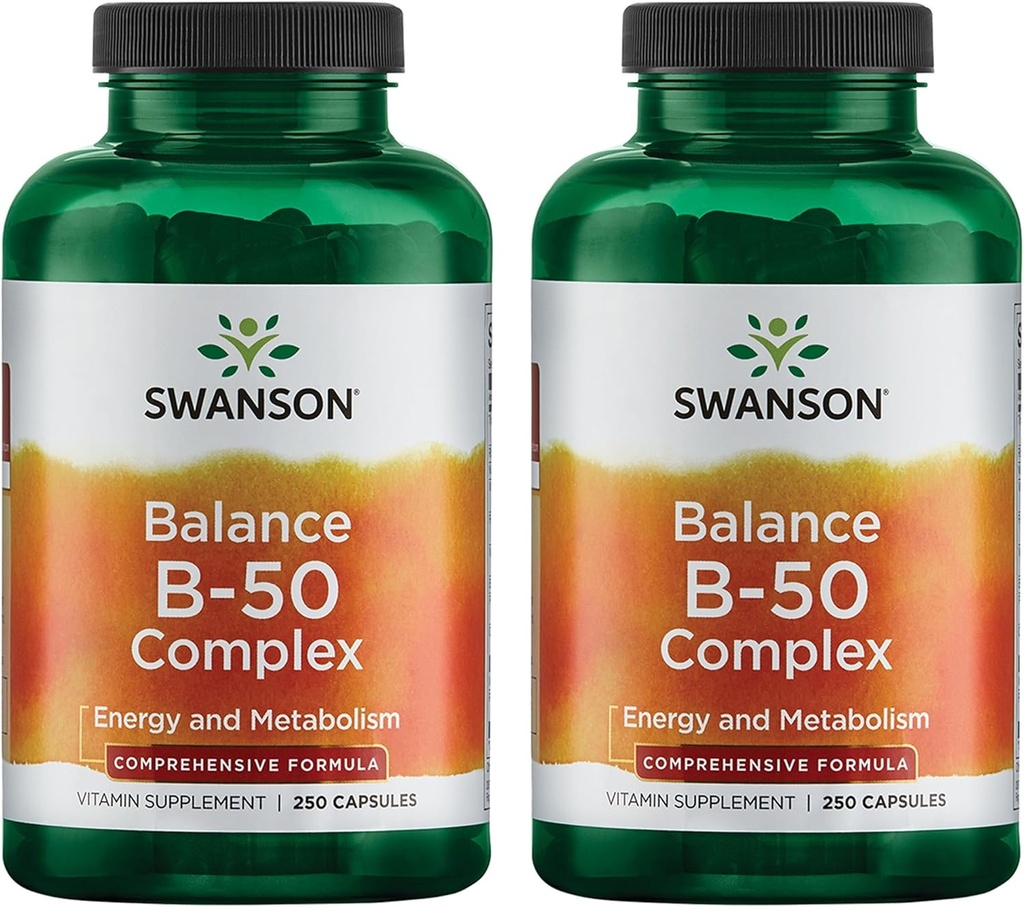 Swanson B-50 B-Complex - B-vitaminkompleks med høy styrke og biotilgjengelighet - fremmer immunsystemstøtte, hjelper hjertehelse, og støtter sunn nervesystem - (250 kapsler) (2 pakke)