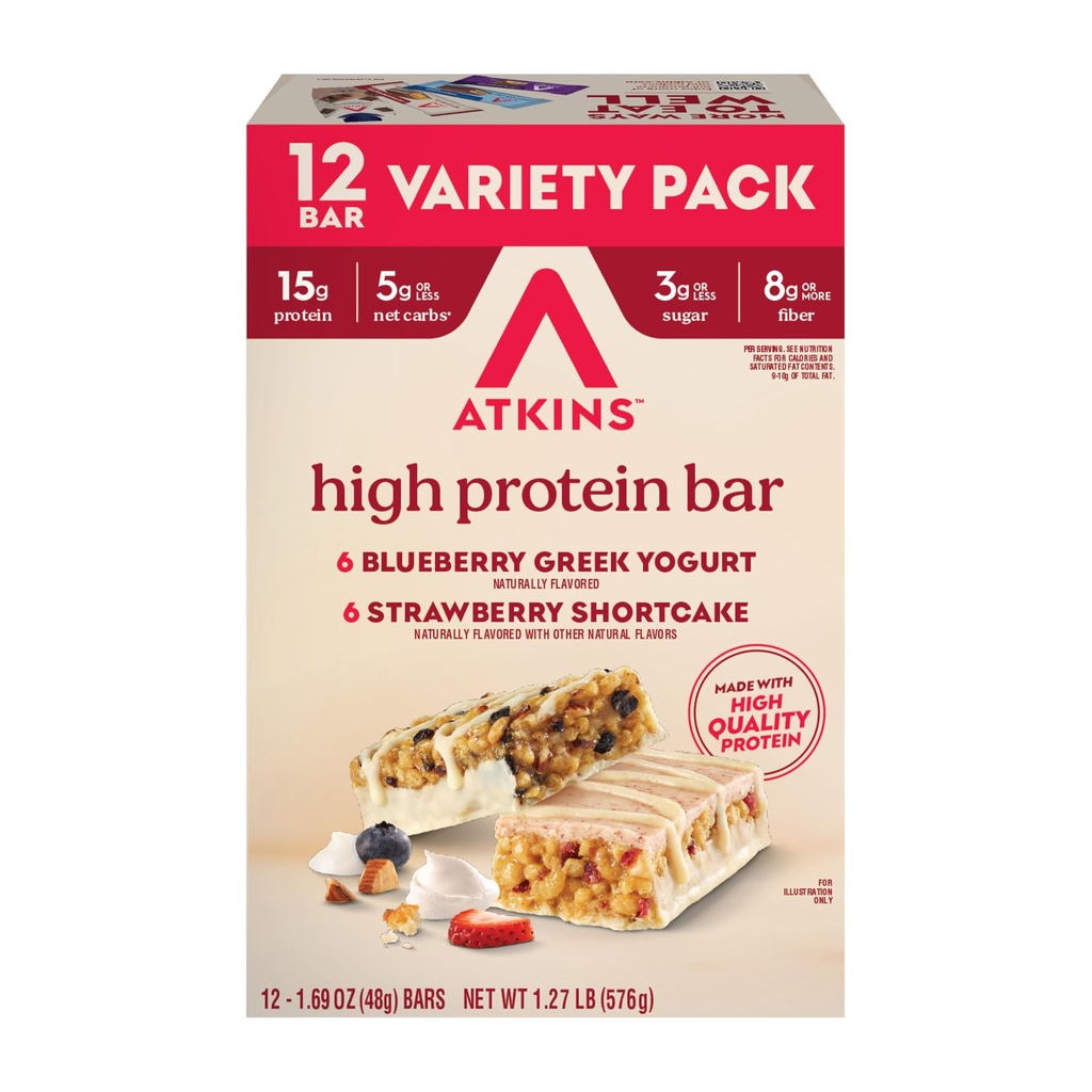 Atkins Blåbær Gresk Yogurt & Strawberry Shartcake High Protein Bar, Høy Fiber, Ketovennlig, 12 greve (6 Bars Hver Flavor)