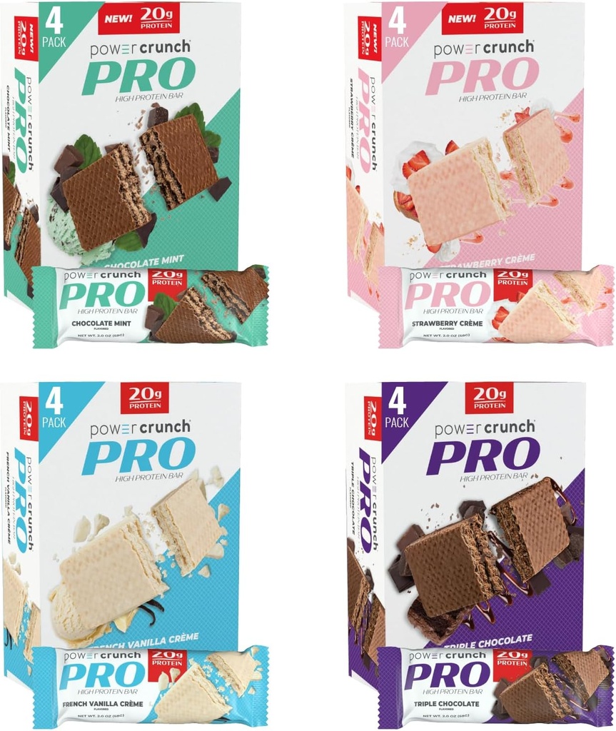 Power Crunch PRO Protein Wafer Bars, Variety Pack, i 4 Flavors 2.0 Ounce Bars (16 greve). Høyt protein