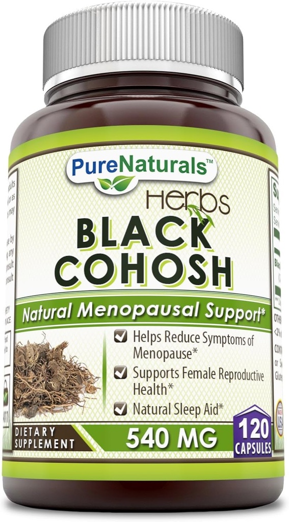 Pure Naturals Black Cohosh Menopause Relief - Naturlige løsninger for Menopause Støtte - 540 Mg Supplement med ren rotekstrakt 120 Kapsler
