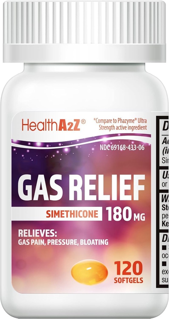HealthA2Z® Gassrelieff Simetikon | 180 MG | Reliefs fra Mage Discomfort og Gass | Anti flatulens | Relieves Gass Rask (120 greve (Pack of 1))