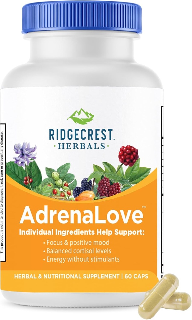 Ridgecrest Herbals AdrenaLove, Stress and Energy Support Supplement med Ashwagandha, L-Theanine, Ginseng, Schisandra, Taurin, Holy Basil, Adaptogens, B Vitaminer (60 Vegan Caps, 30 Serv)