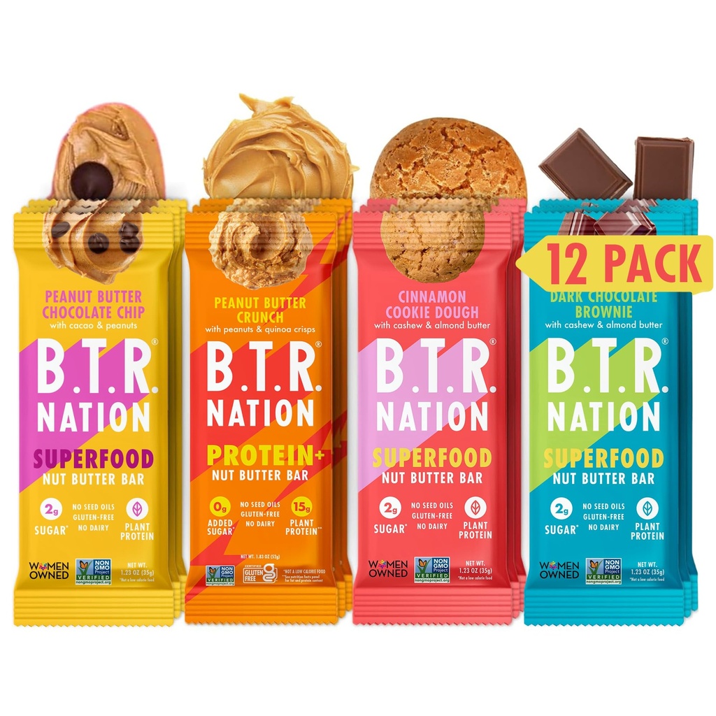 B.T.R. Nation Superfood Keto Protein Bar - Plant Basert Vegansk Protein | (12 Pack) Variety Pack | Lavkarbohydrat Mat, Lavkalori, Glutenfri, Ingen sukkeralkoholer, Boosted med Superfoods