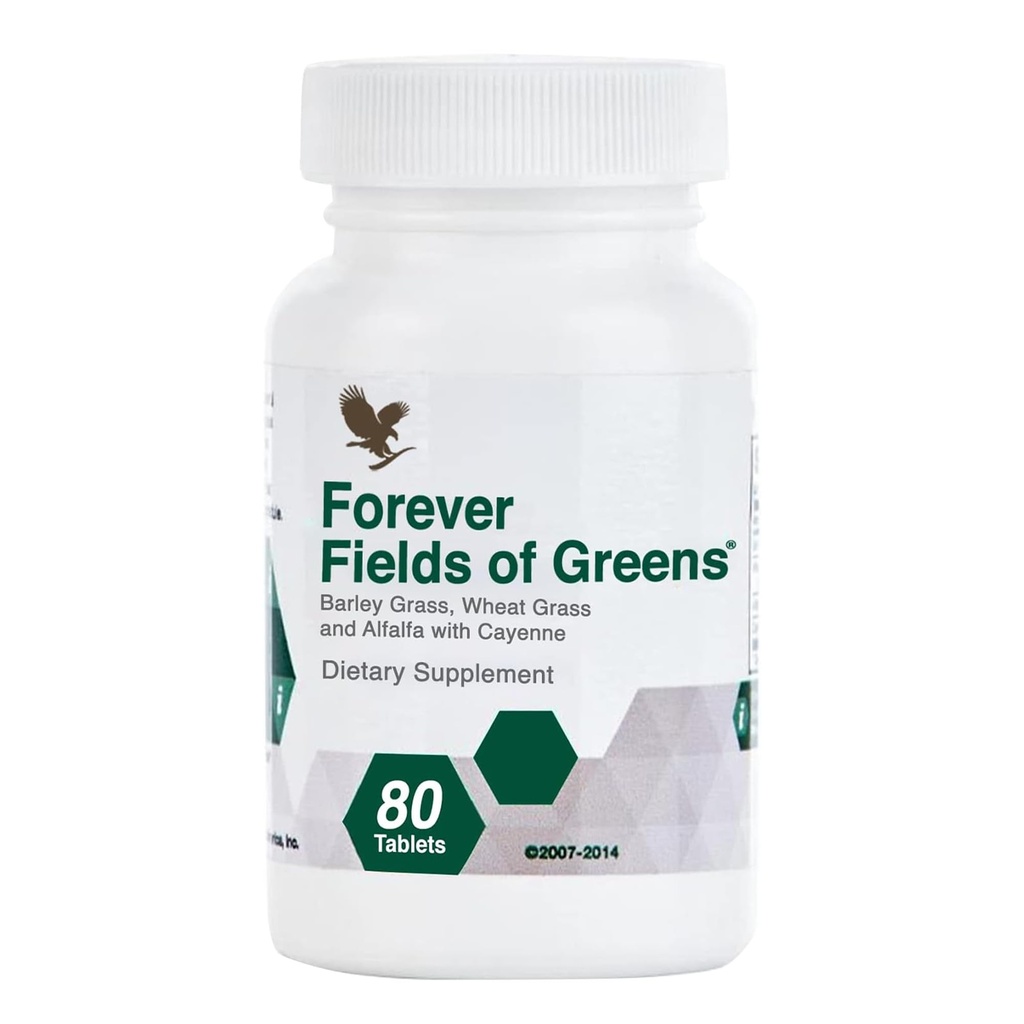 Forever Living - Fields of Greens, Grønn Superfood Supplement med Barley Grass, Wheat Grass og Alfalfa til rengjøring og alkalisering, 80 tabletter