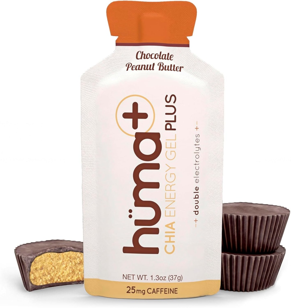 Huma Plus (Dobbelt elektrolytter) - Chia Energy Gel, Sjokolade Peanut Smør, 12 Gels - Magevennlig, Real Food Energy Gels