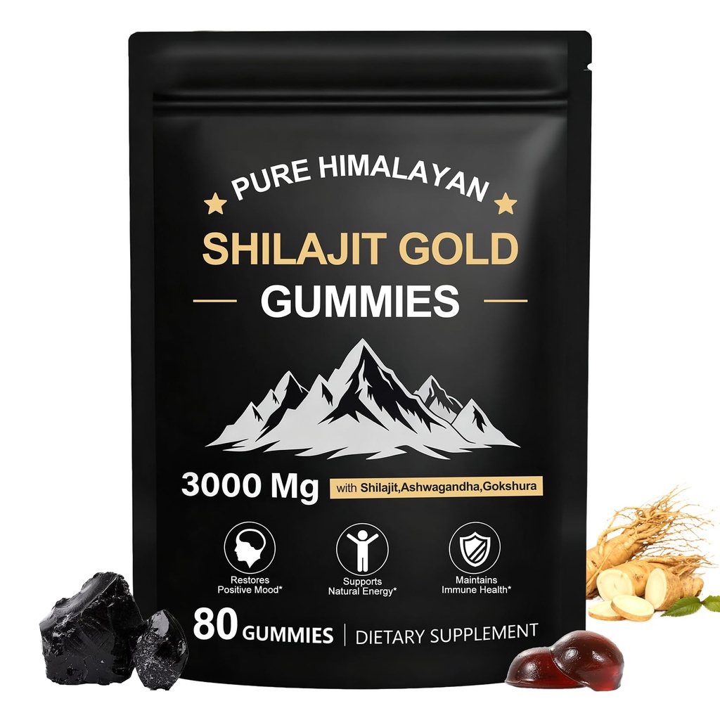 Shilajit Gummies, ren Himalayan Shilajit Gummies Gull, Ingen tilsatt sukker ikke-GMO 100% naturlig og organisk, Ashwagandha, Gokshura-Fulvic Acid & 85+ Trace Minerals for menn, kvinner 60 Gummy
