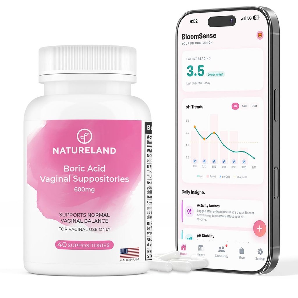 Natureland 40 greve, 600mg Borsyre Vaginal Suppositorier, laget i USA, gjenopprette pH-balanse og redusere tørrhet, Odors, kløe og utløsning, støtte intim helse (40 greve)