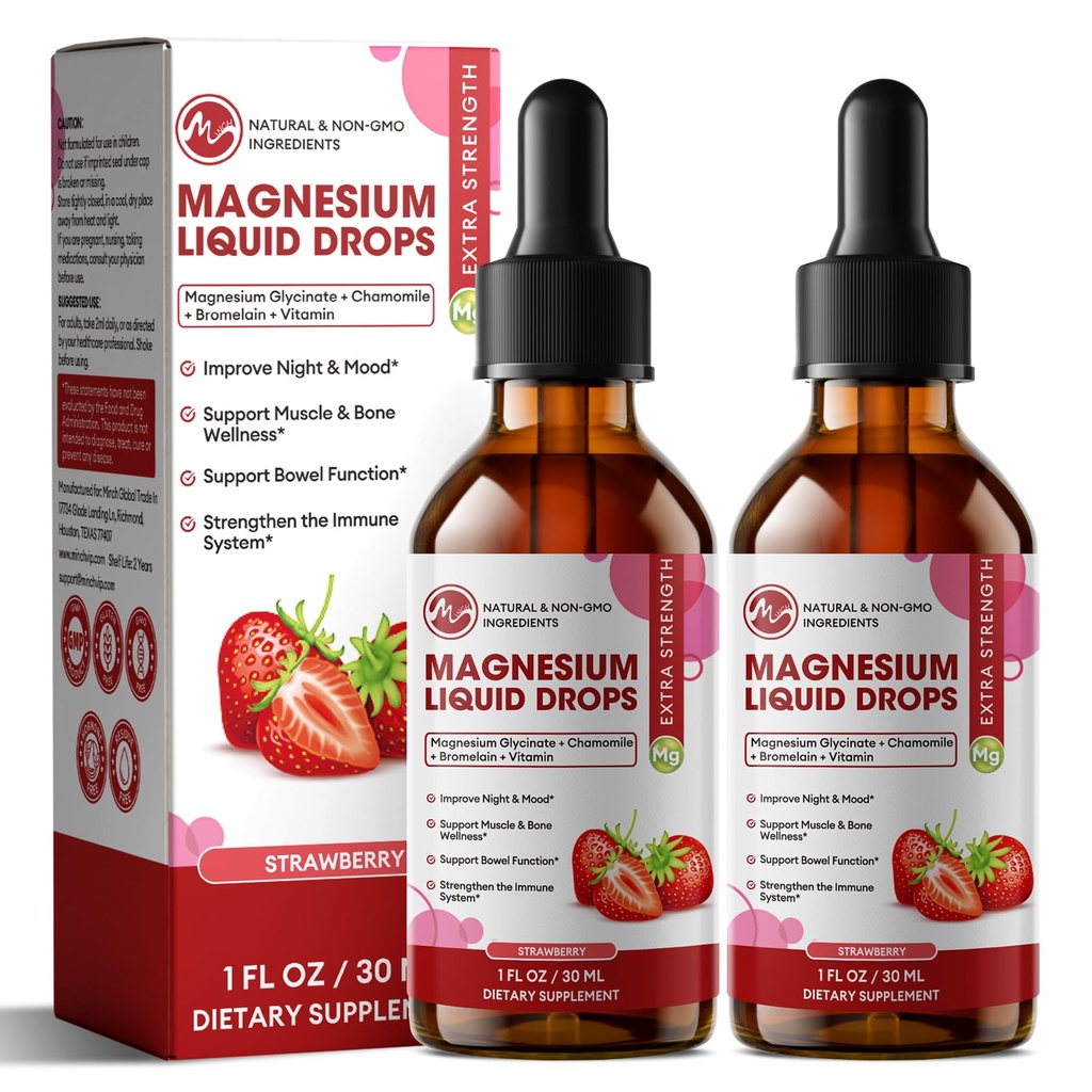 M tommer Magnesium Glycinat flytende, høy absorpsjon Magnesium flytende dråper med cellulosefiber, Bromelain, vitamin B6, C, D, Sink, Magnesium Supplement for barn og voksne, Jordbær Flavor, 2 Pack