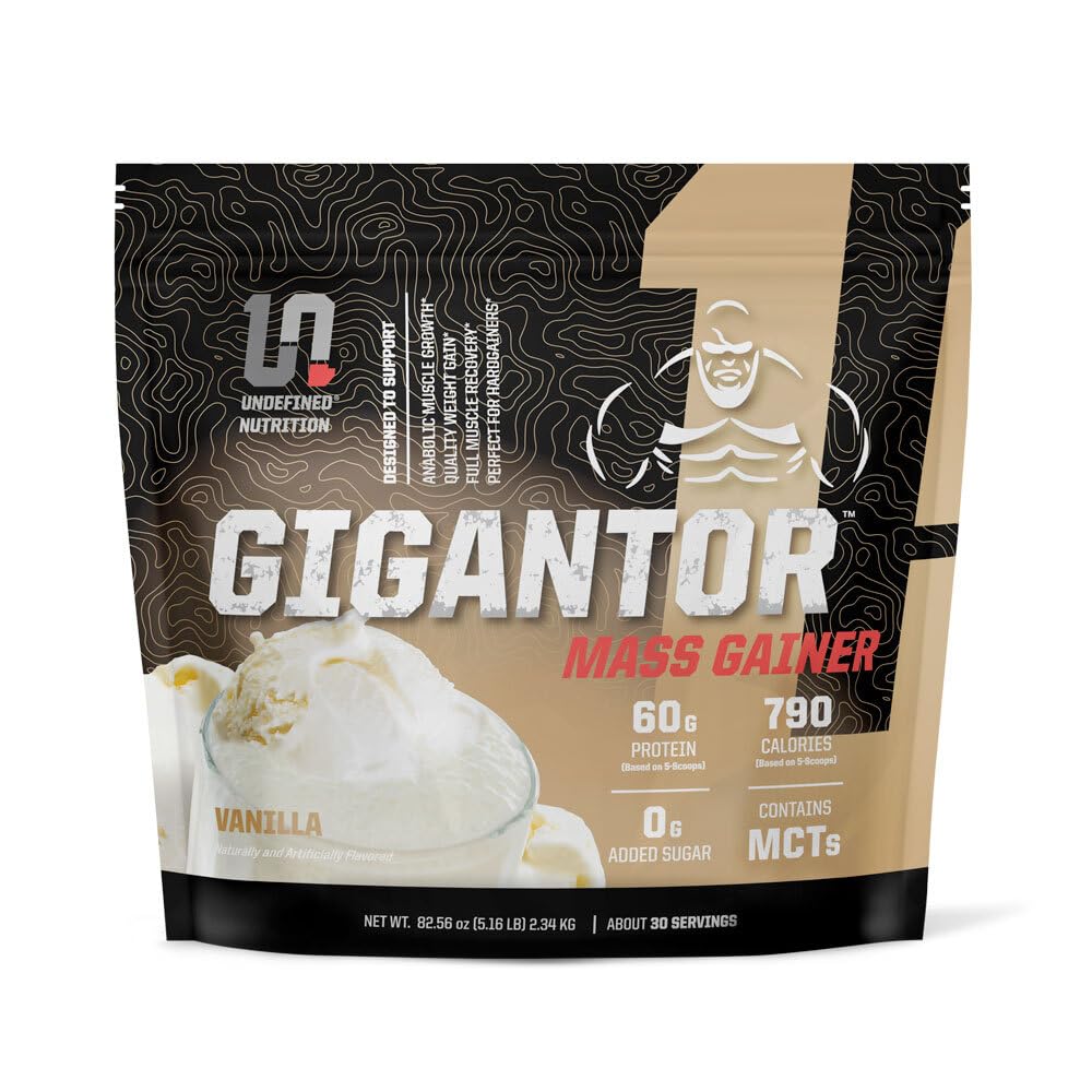 Udefinert Nutrition Gigantor Mass Gainer av Brian Shaw (60g protein, 30 serveringer, opp til 790 kvalitet kalorier) - Hardcore Hard Gainer Formula med 5-fase protein blanding (5,16 lbs, Vanilla)