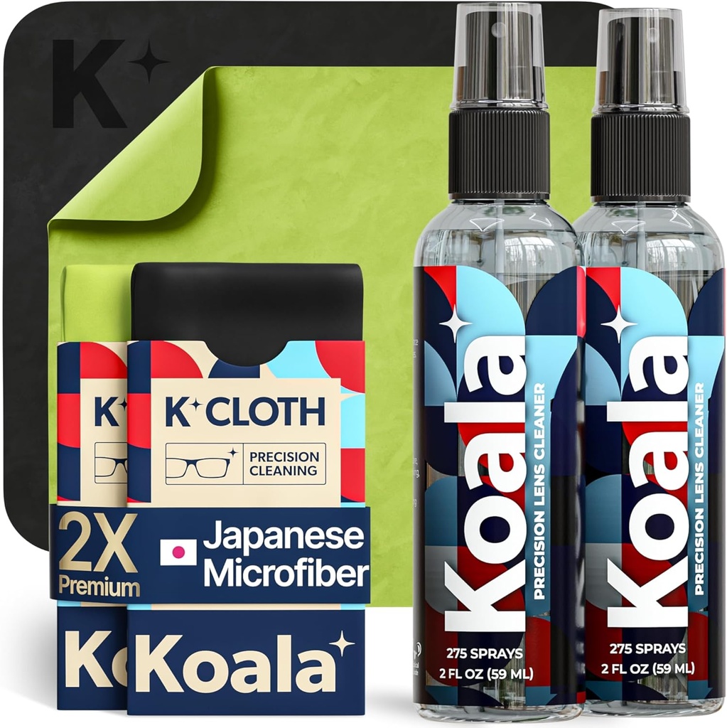 Koala brilleglass linse renere sprøytesett | (2x) glass renere flaske + (2x) mikrofiber Cloth | alkohol gratis briller, skjerm og kamera rengjøringssett | laget i USA (4 stykke sett)