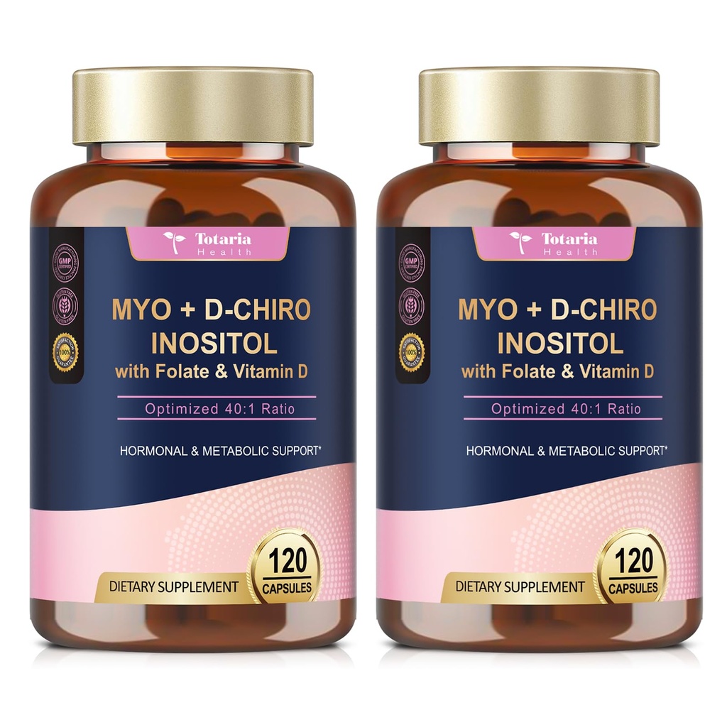 Totaria Inositol Supplement for kvinner med vitamin D3, Folat, 40:1 Ratio Myo-Inositol & D-Chiro Inositol Complex, (Vitamin B8) Inositol Kapsler, Pakke med 2