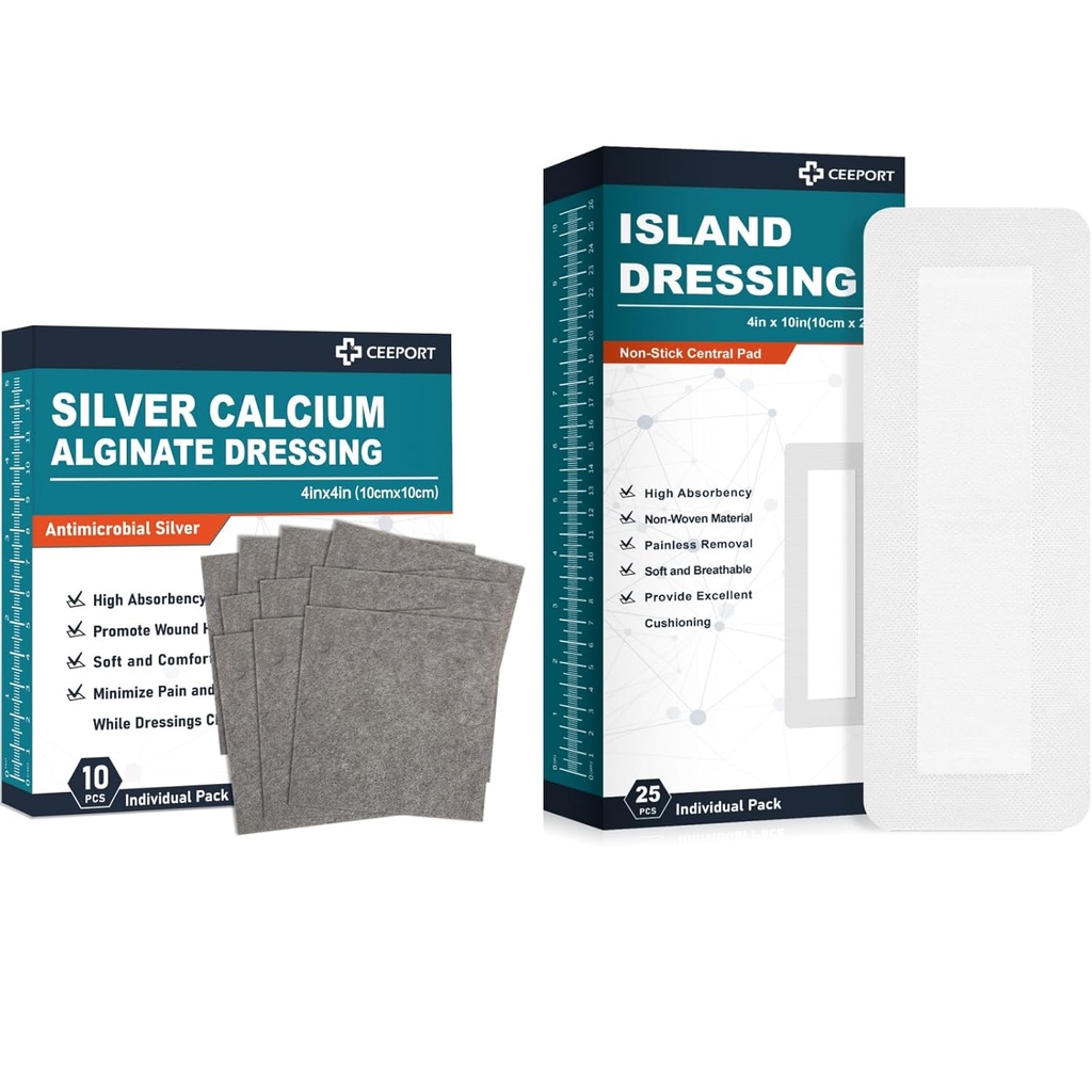 Sølv Kalsium Alginat Dressing (4'x4''10Pcs) +Island Dressing(4" x 10" 25Pcs)