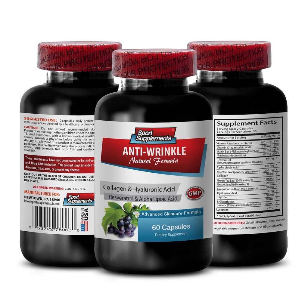 Resveratrol 250 - Anti-Wrinkle piller - Anti-aldring hudpleie for kvinner, kollagen anti-russel piller, aloe vera juice for huden, aloe vera kapsler organiske, haporonsyre vitaminer, 1 Bot 60 Kapsler