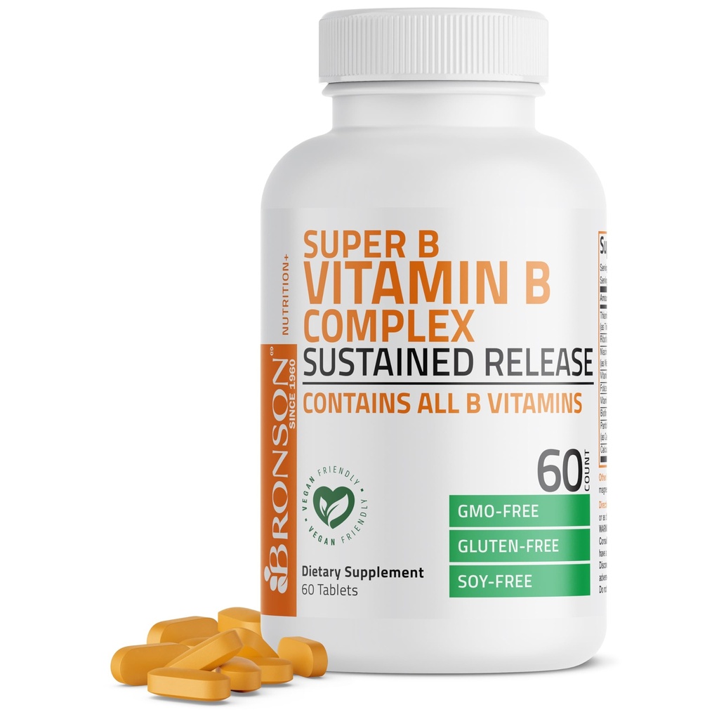 Bronson Super B-vitamin B-komplekset langsom frigivelse (Vitamin B1, B2, B3, B6, B9 - Folinsyre, B12) Inneholder alle B-vitaminer 60 tabletter