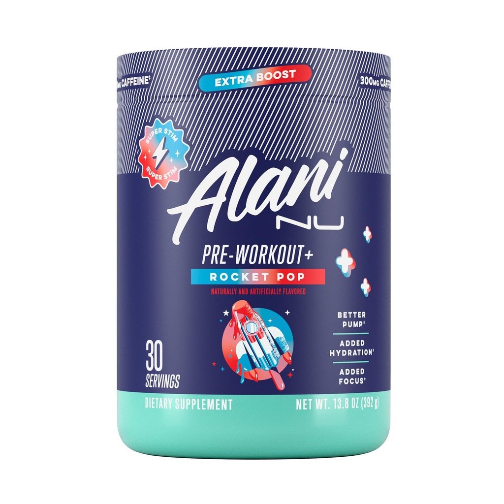 Alani Nu Pre Trening+ pulver Rocket POP, Extra Boost, Sukker Gratis, 300mg koffein, L-Theanine, Beta-Alanine, Citrulline, 30 Serveringer