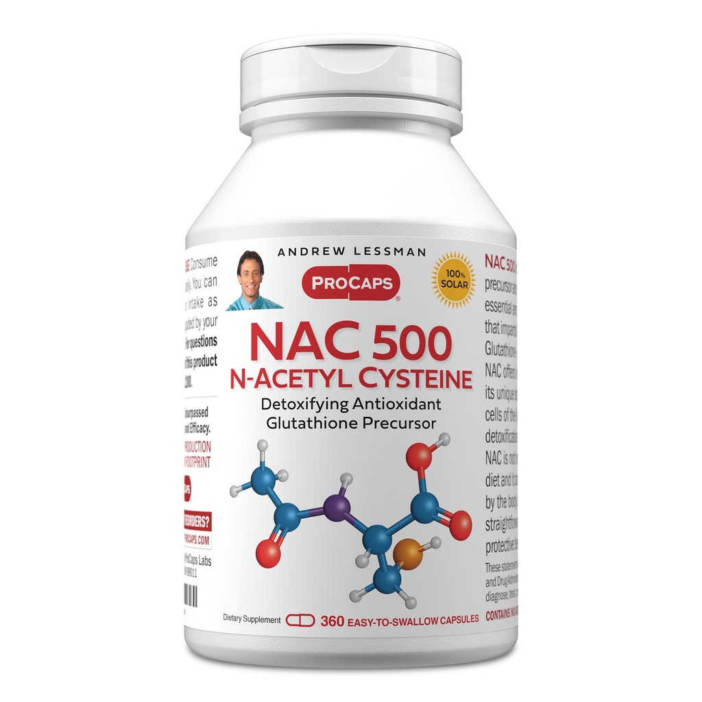 ANDREW LESSMAN NAC-500 N-Acetyl Cystein 360 kapsler - bidrar til å bekjempe daglig onsaught av skadefri radikaler, beskytter hjernen, hjertet, lunger, lever, nyrer. Avgiftsgivende antioksidant. Ingen additiver