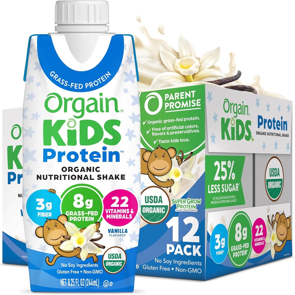 Orgain Organic Kids Nutritional Protein Shake, Vanilla, Sunn Kids Snacks, 8g Dairy Protein, 3g Fiber, 22 vitaminer og mineraler, Ingen soya ingredienser, Glutenfri, Ikke-GMO, 8,25 Fl Oz (pakke av 12)