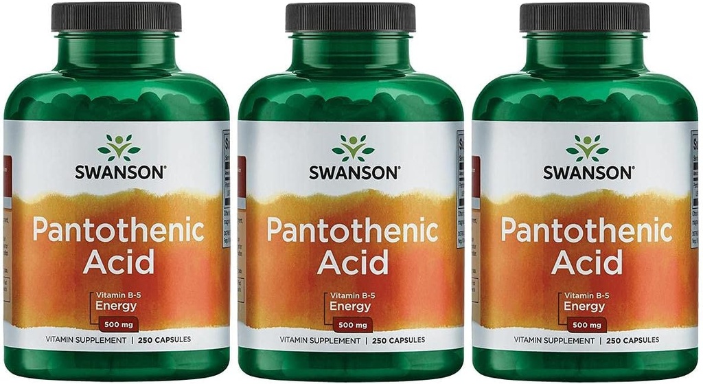Swanson Pantotensyre (Vitamin B-5) Energimetabolisme Nervefunksjon Støtte 500 mg 250 kapsler (3 pakke)