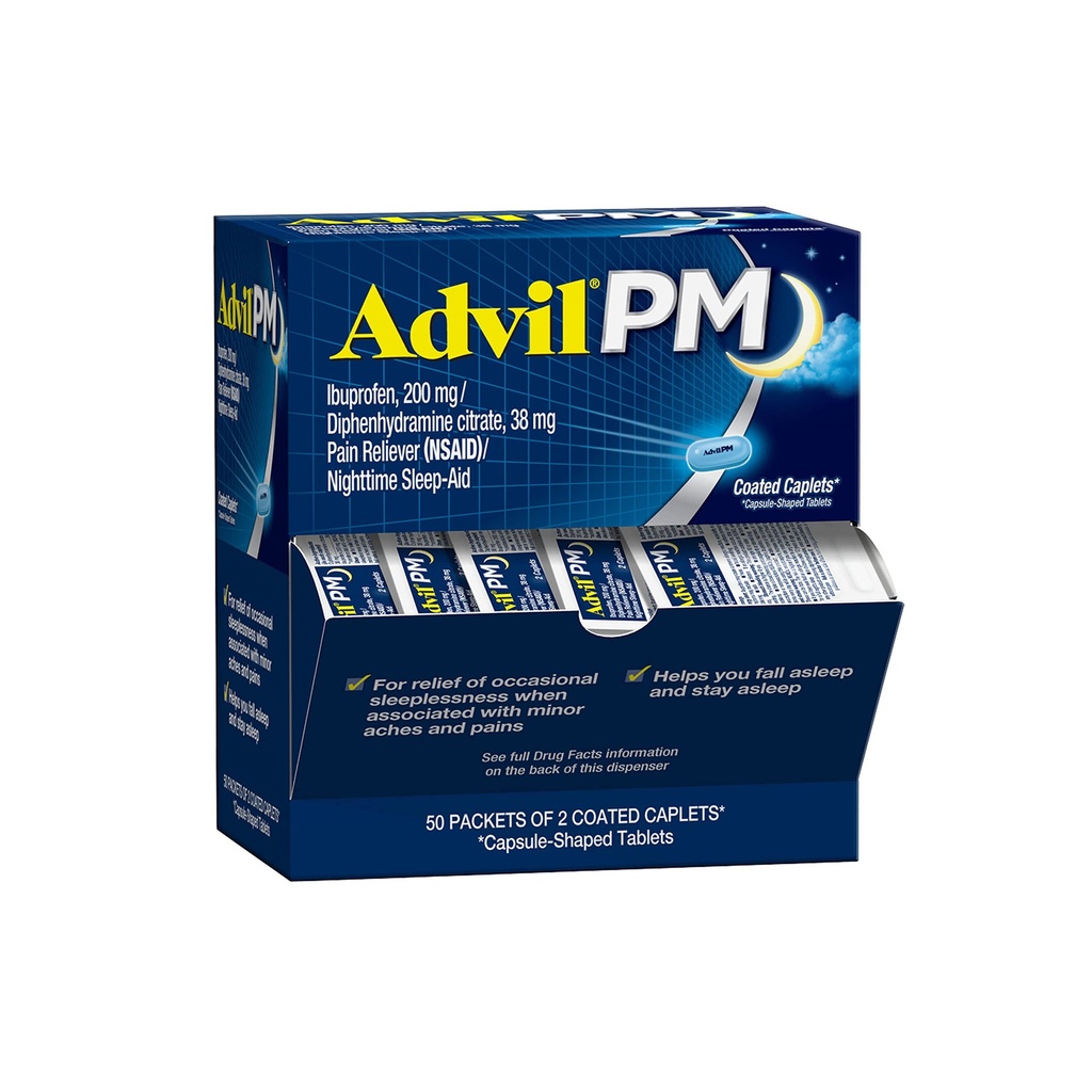 Advil PM smertefri og natt søvnhjelp, smertemedisin med ibuprofen for smertelindring og difenhydramincitrat for en søvnhjelp - 50x2 belagte kapler