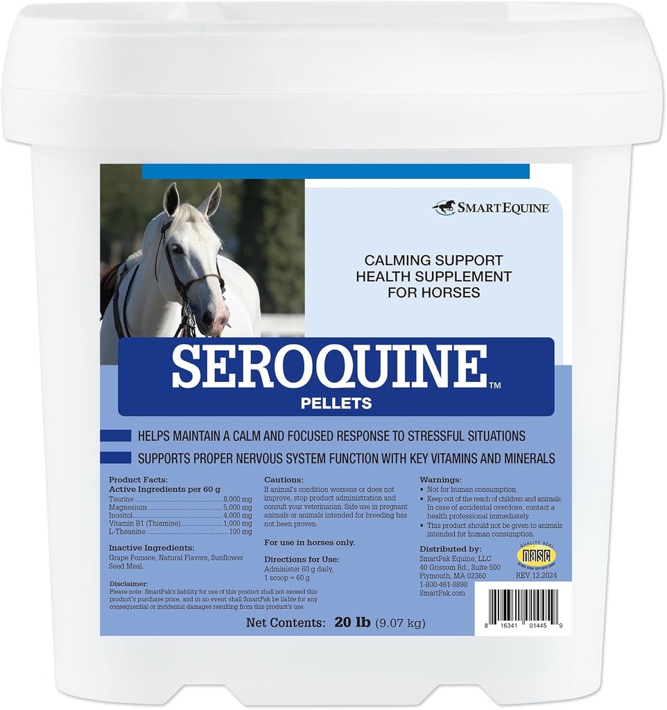 Seroquine Pellets Seroquine hest beroligende kosttilskudd | Urt gratis beroligende kosttilskudd for hester | Ideell for å holde hesten rolig før du reiser | 20 lb