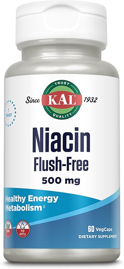KAL Niacin 500mg Flush Gratis - Vitamin B3 Supplement - Metabolisme og energi støtte - Hud, Nerve, Digestiv helse og sirkulasjonsstøtte - Vegansk vitamin, 60-dagers garanti, 60 Services, 60 Vegkaps