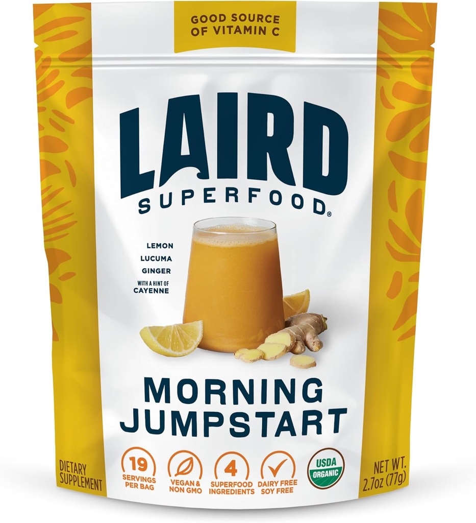 Laird Superfood Morning Jumpstart Powder Drink Supplement, sitron, Lucuma, Ginger og Cayenne Cleanse, Organic, 2.7 Oz Bag, Pakke med 1