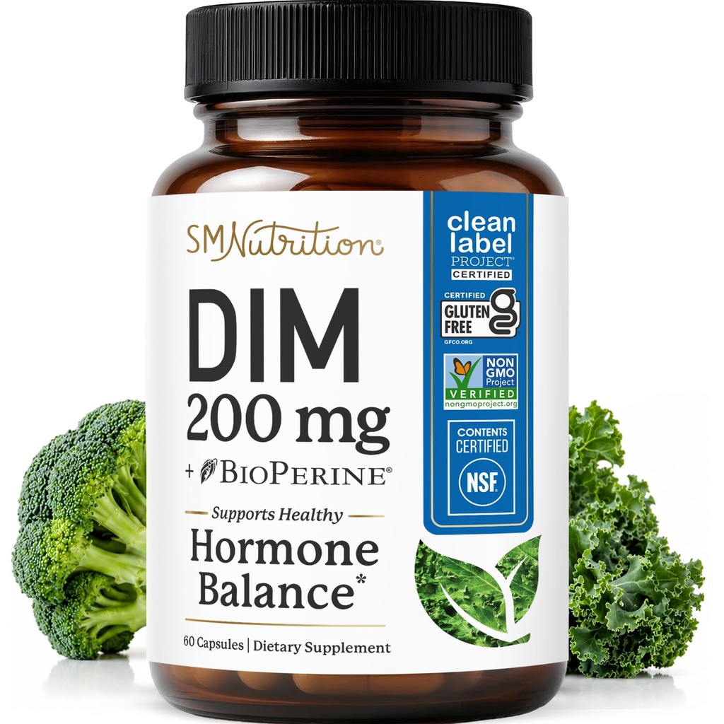 DIM Supplement 200 mg | Estrogen Balance for Women & Men | Hormonal Acne, Hormone Balance, Menopause & Antioxidant Support | Clean Label Project Certified, Vegan & Soy Free Diindolylmethane | 60 Ct.
