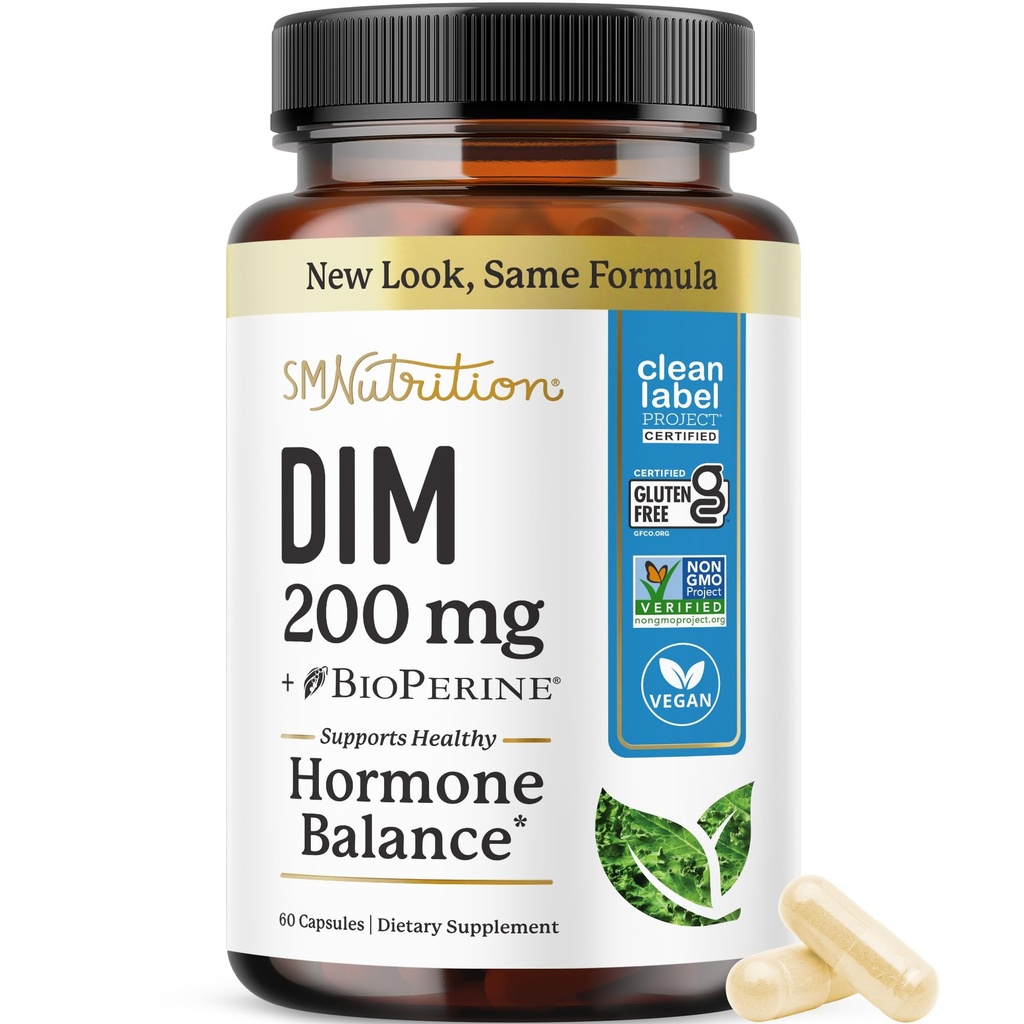DIM Supplement 200 mg | Estrogen Balance for kvinner og menn | Hormonal Acne, Hormon Balance, Menopause & Antioksidant støtte | Ren etikett prosjektet sertifisert, Vegan & soya gratis diindolmetan | 60 Ct.