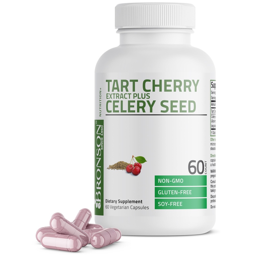 Bronson Tart Cherry Extract + Celery Seed Capsules - Kraftig uric syre rensing, felles mobilitetsstøtte og muskelgjenoppretting Supplement - Ikke-GMO Formula - 60 vegetariske kapsler