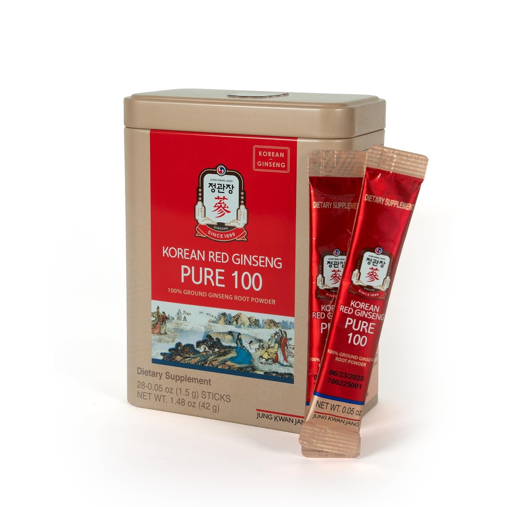JungKwanJang Korean Red Ginseng Pure 100 - Panax Ginseng Powder Stick Supplements - Energi Boost & Immune Support - Vegansk, Koffeinfri, Glutenfri & Ikke-GMO (Net Wt. 1.48 oz, 30 Sticks)