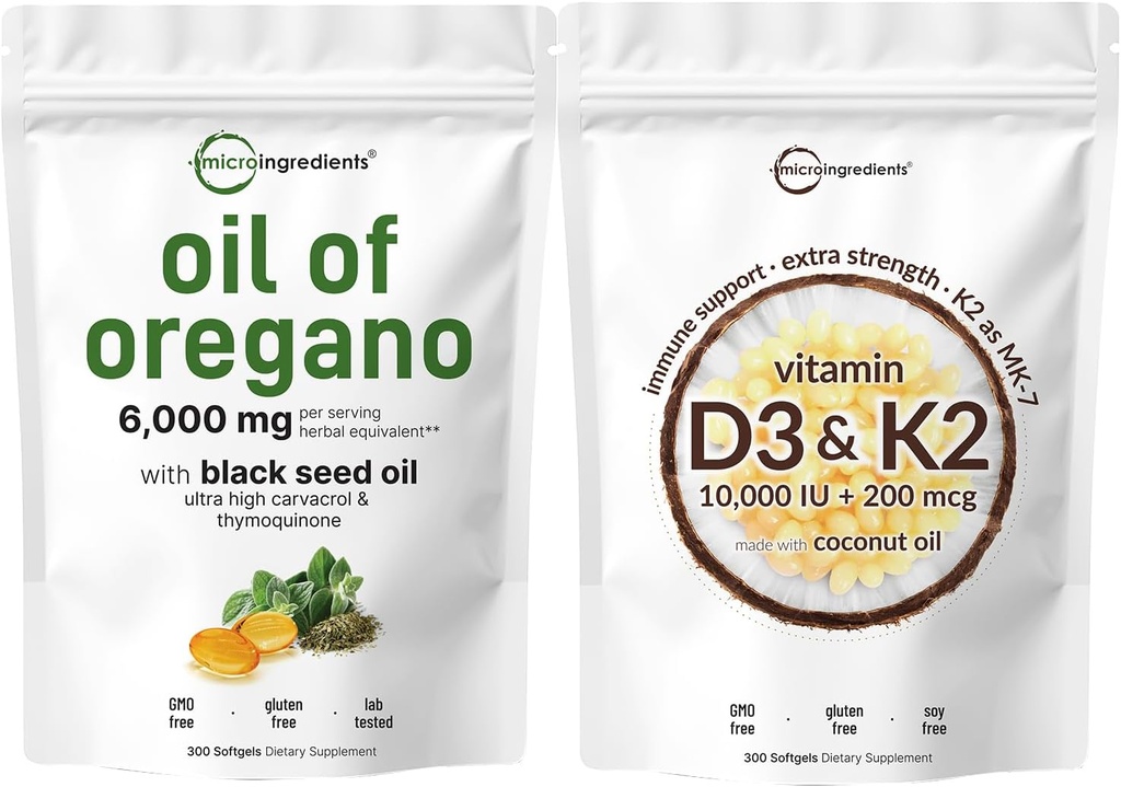 Mikroingredienser Olje av Oregano Softgels 6.000 mg Per Serving & vitamin D3 10.000iu + K2 200mcg Coconut Oil Softgels Bundle 2 Pack ® 4X Styrke Carvacrol & Thymoquinon ® Essential Sunshine vitaminer